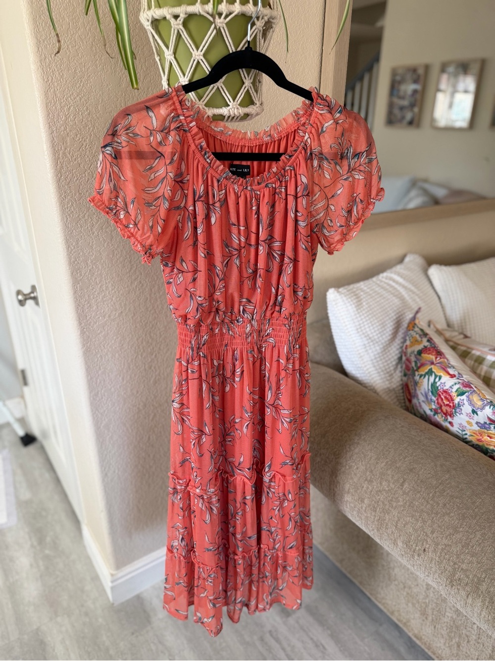 Coral Floral Smocked Waist Casual Midi Dress for Girls